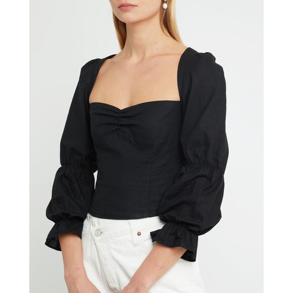 kourt Francesca Linen Cotton Blend Minimalist Casual Sweetheart Blouse Black L - Picture 1 of 9
